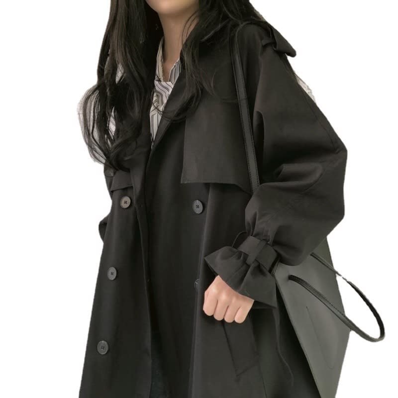 Women Black Trench Coat Mid Length Double Breasted Waist view 2