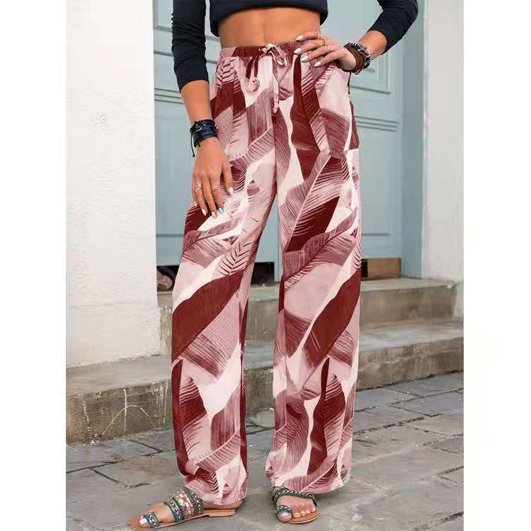 Fashion Drawstring Leaf Print Beach Pants Summer Casual Loose Wide Leg Straight Trousers Womens Clothing view 3