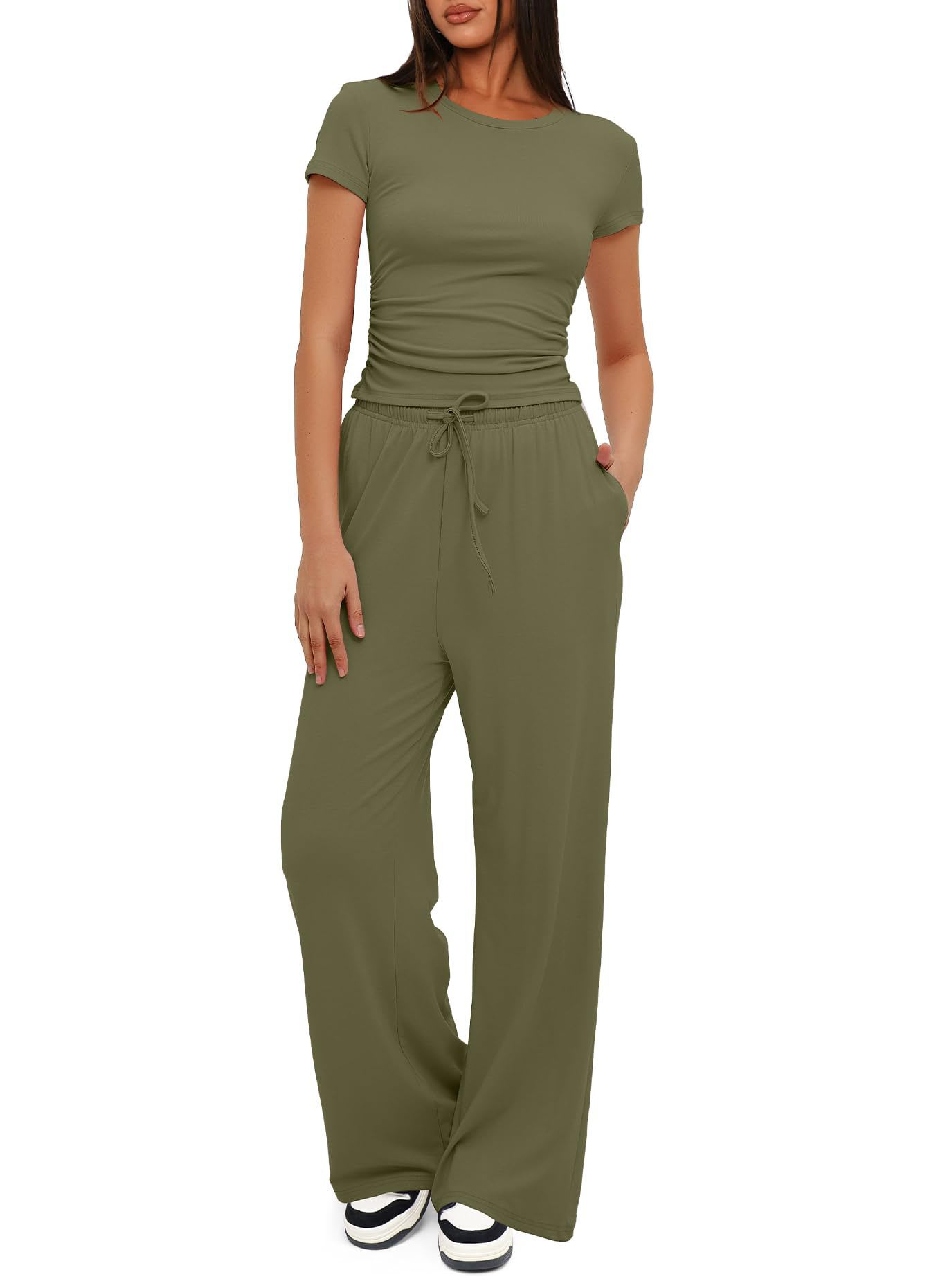 2pcs Solid Color Casual Sports Yoga Suit Short-sleeved Top And High-waisted Drawstring Wide-leg Pants Summer Fashion Set For Womens Clothing view 13