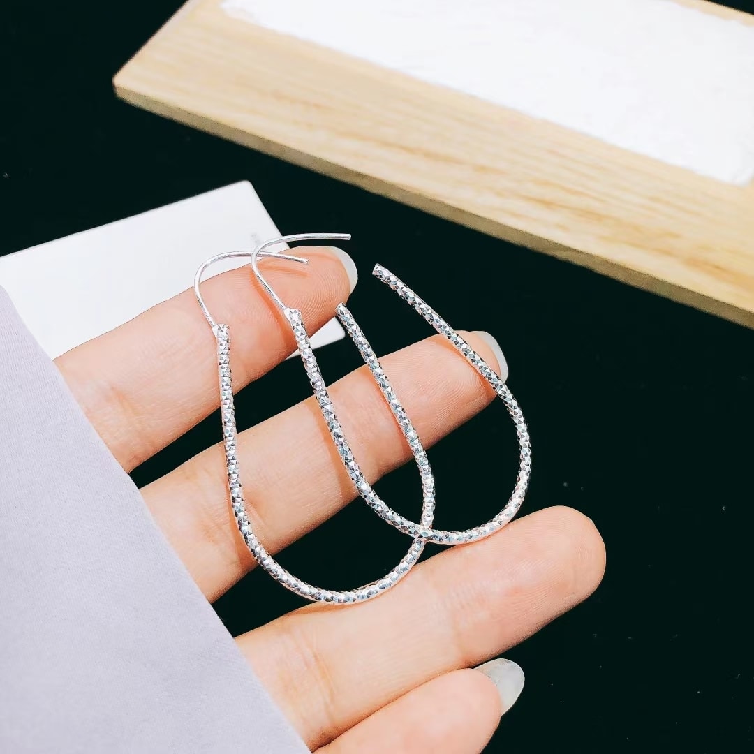 1 Pair 999 Sterling Silver Geometric Hoop Earrings, Minimalist Style, Perfect For Daily Wear And Valentine's Gift view 3
