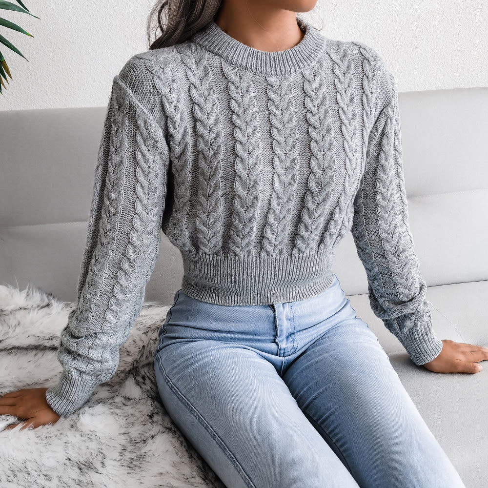 Cable Knit Waist Cinched Cropped Sweater view 9