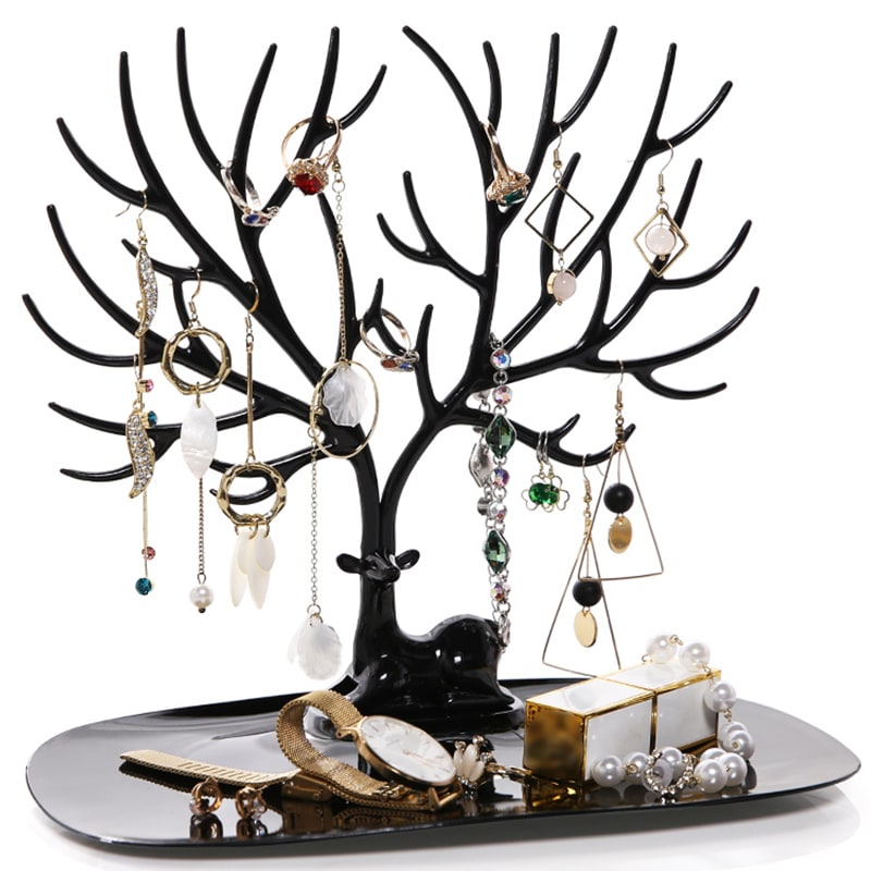 Deer Jewelry Display Stand Earrings Necklace Ring Jewelry Display Tray Jewelr Crystal Handle Antlers Jewelry Display Stand With Storage Drawer And Tray, Tree Tower Rack Hanging Organizer view 5