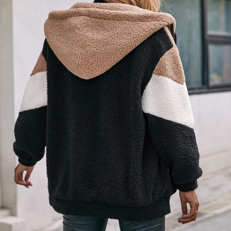 Thick Contrast Color Plush Zipper Cardigan Hooded Sweater view 2