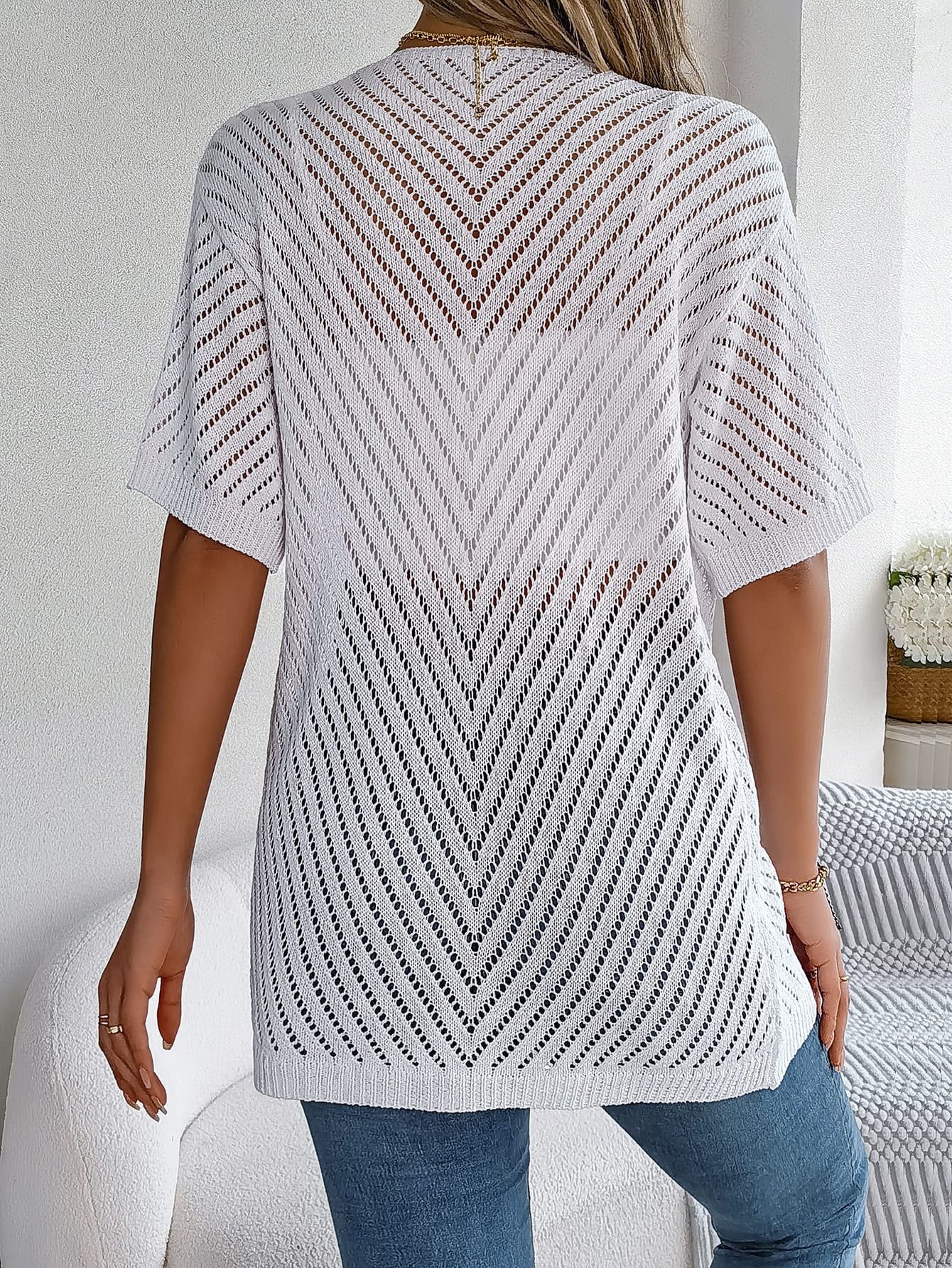 Women S Vertical Stripe Hollow Out Short Sleeve Knit Cardigan Cover-Up view 16