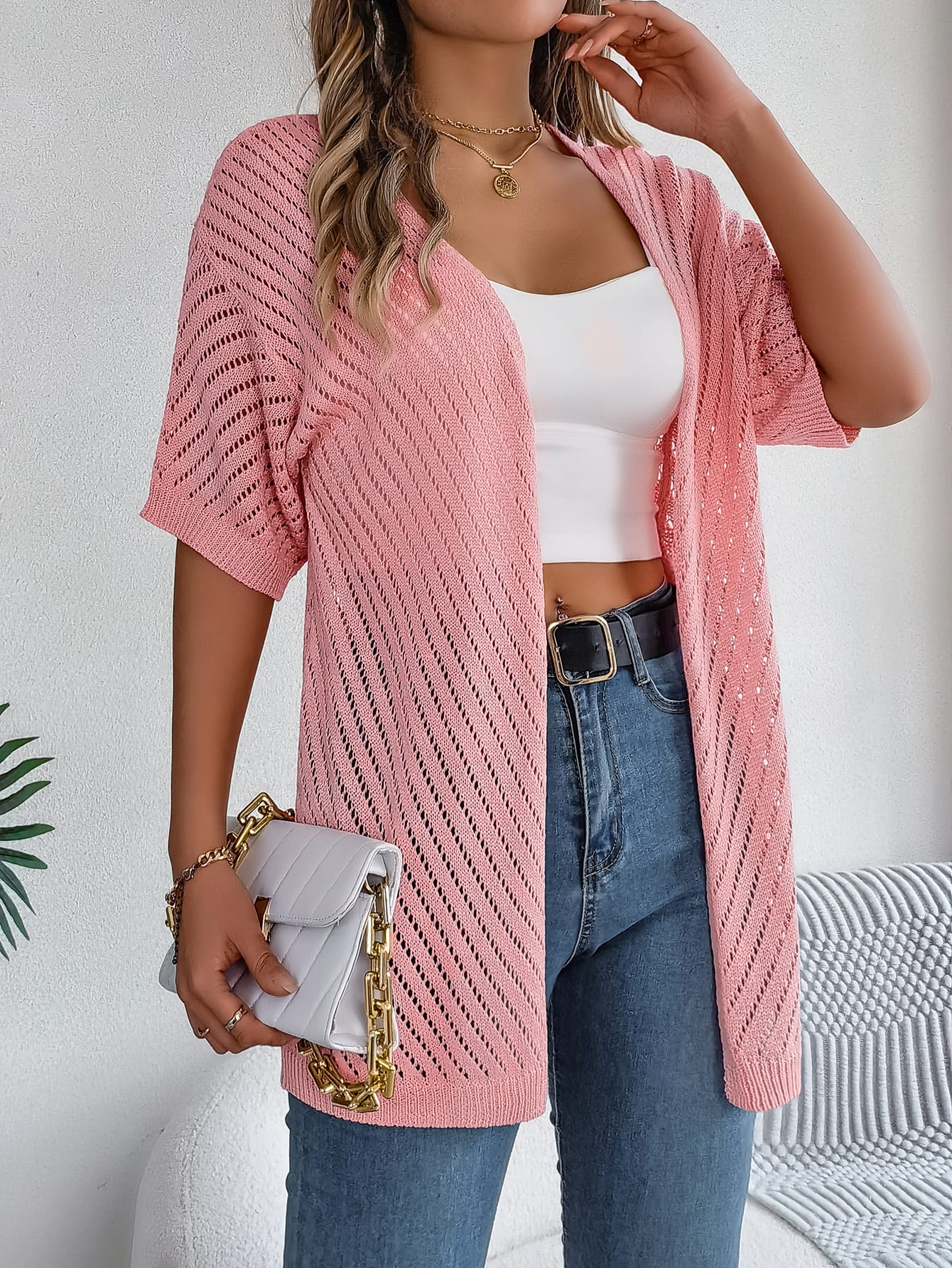 Women S Vertical Stripe Hollow Out Short Sleeve Knit Cardigan Cover-Up