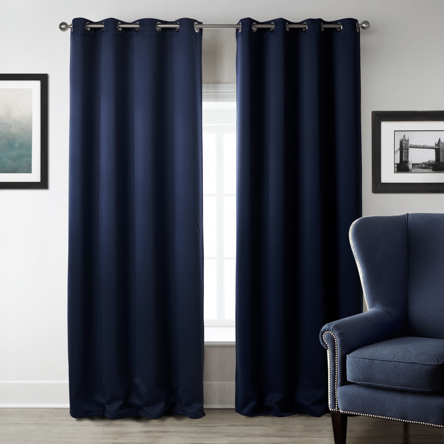 Dark Blue Bedroom Blackout Fabric Printed Curtains view 4