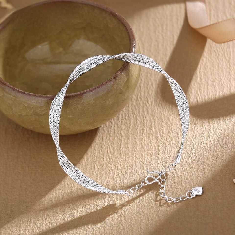 1pc 999.9 Sterling Silver Twisted Mesh Bangle, Luxurious Minimalist Style, Perfect For Daily Wear & Valentine's Gifts view 3