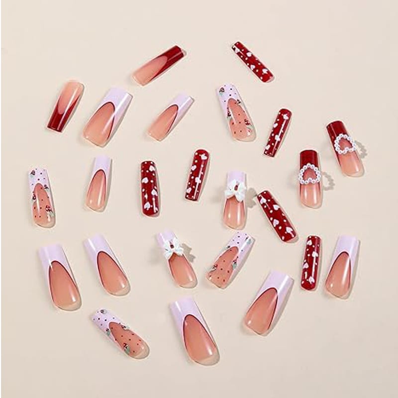 24 PCS Strawberry Bow Nail Art, Long Length Long Water Pipe Fake Nails,Square Head Nail Tips False Nail view 8