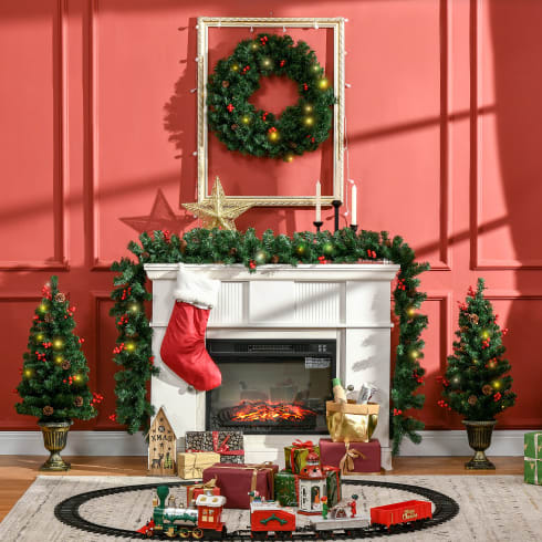 HOMCOM Prelit Holiday Christmas 4-Piece Set, Garland Wreath And Set Of 2 Entrance Trees With Warm White LED Lights, Red Berries, Pine Cones, Green view 11