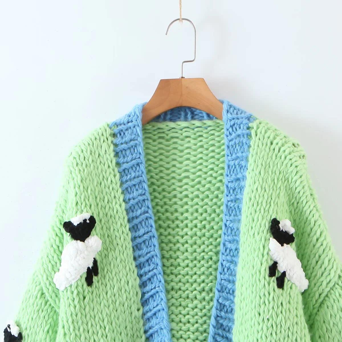 Women's French Green Small Sheep Sweater Coat view 3