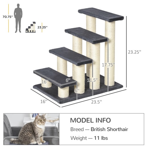 PawHut Cat Tree With 4 Steps For High Beds Couch, Cute Stair Shaped Cat Tree For Indoor Cats Or Dogs W Sisal Scratching Post, Climbing, Playing, Gray view 9