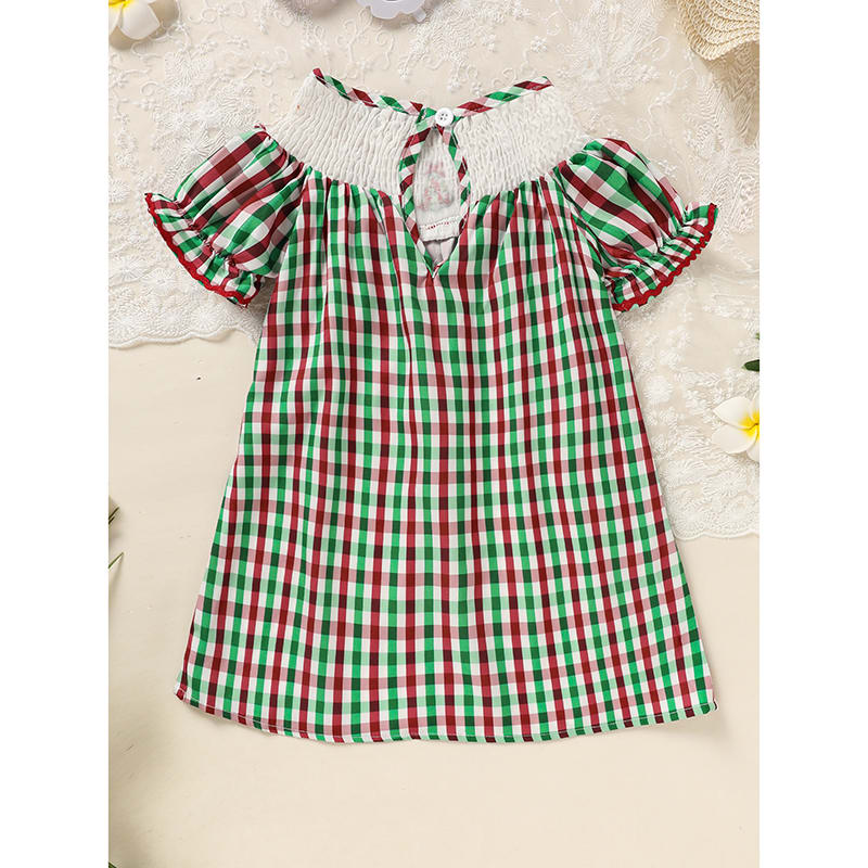 Toddler Infant Baby Girls Christmas Dress Short Sleeve Christmas Tree Embroidered Plaid Casual Party Dresses view 13