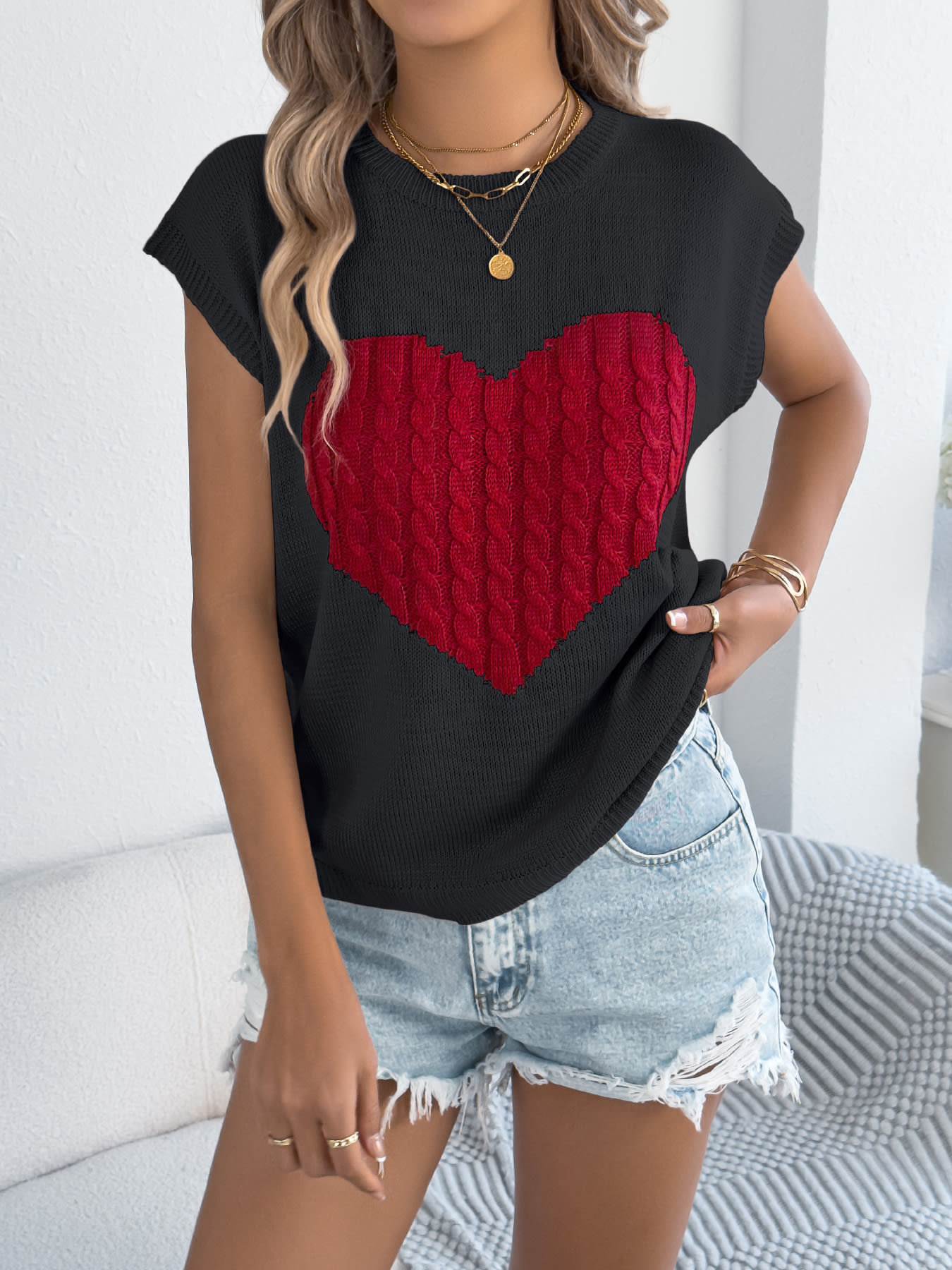 Women S Color Block Heart Loose Knit Valentine S Sweater Top view 3