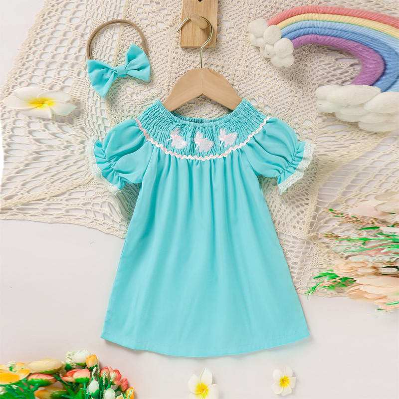 Toddler Girl's Bunny Dress Bow Headband Ruffle Sleeve Smocked Dress With Rabbit Embroidery For Summer view 30