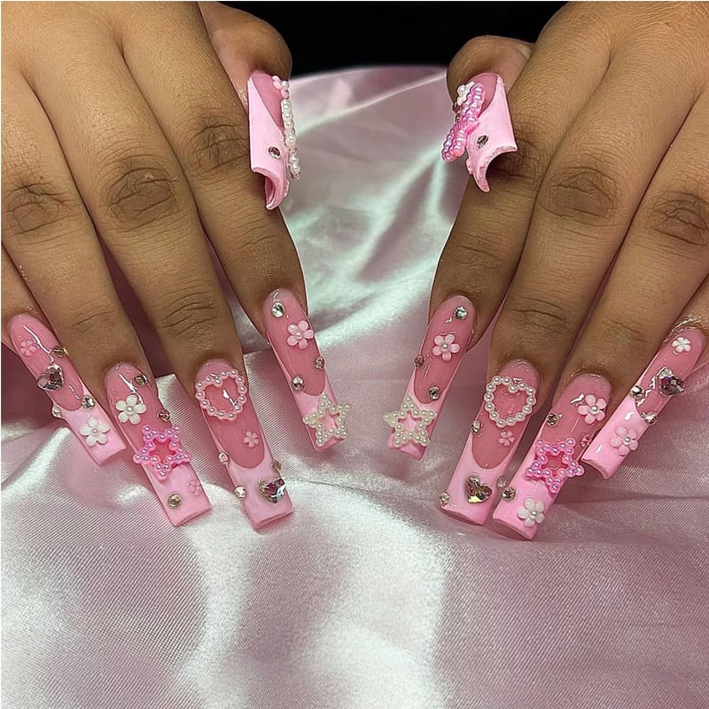 24 PCS Pearl Love Star Nail Art, Long Length Long Water Pipe Fake Nails,Square Head Nail Tips False Nail view 2