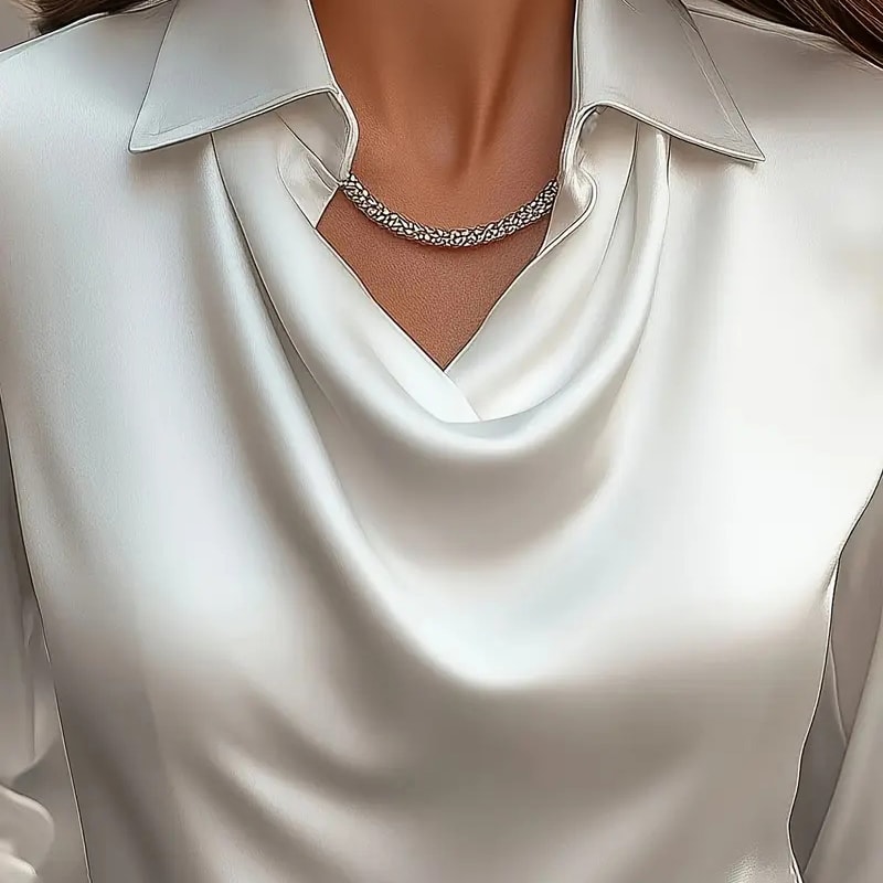 Women's Elegant Long Sleeve Blouse - Solid Color Lapel Top With Ruched Chest Detail Office & Casual Wear For Spring Fall view 4