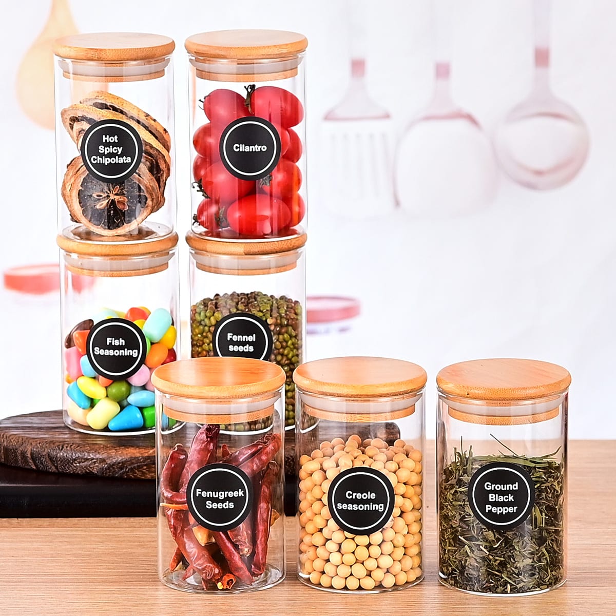 12 Pcs Round Spice Jars With Bamboo Lids And Stickers, Glass Storage Jars, Candy Jars, Coffee Jars, Salt Jars, Pepper Jars, Tea Jars view 17