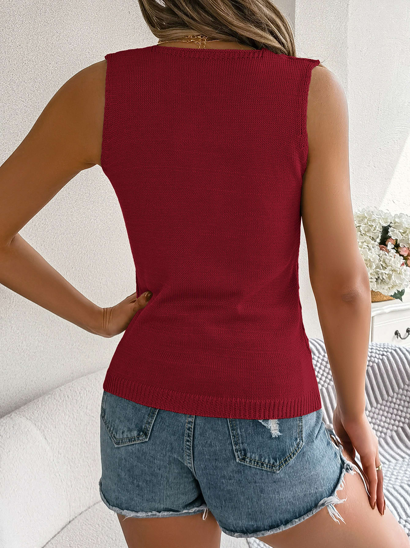 Women S Solid Color Button V-Neck Hollow Out Sleeveless Knit Vacation Top view 7