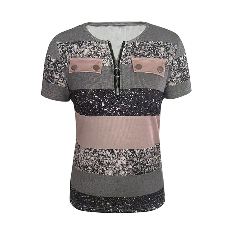 Women's Color Block Zipper T-Shirt, Casual Short Sleeve Summer Top view 15