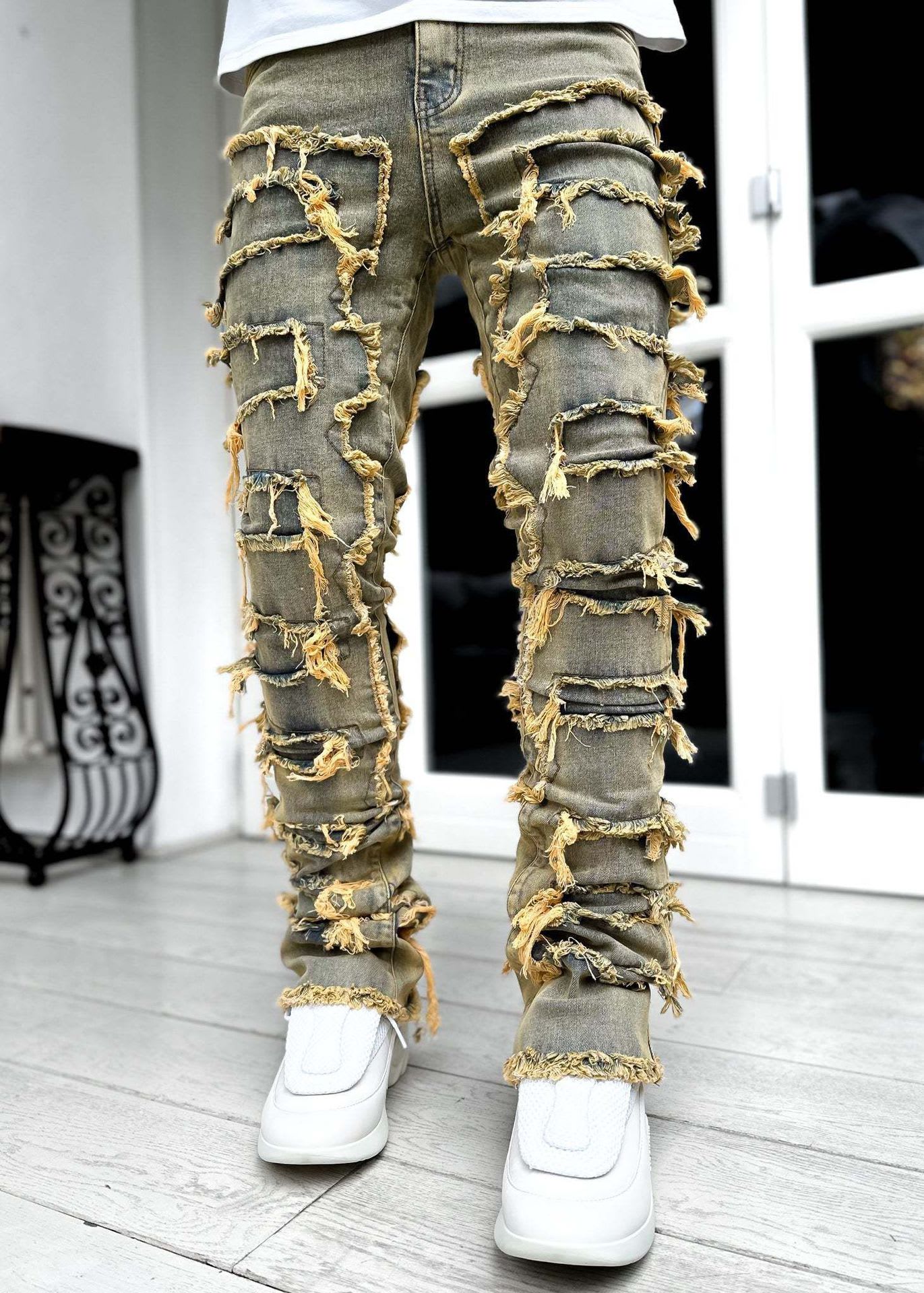 Ins Fringes Ripped Trousers Individual Patched Pants Long Tight Fit Stacked Jeans For Mens Clothing view 1