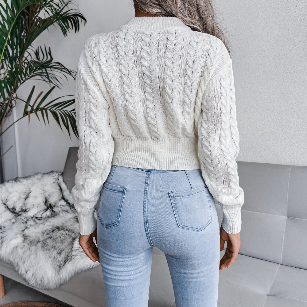 Cable Knit Waist Cinched Cropped Sweater view 3