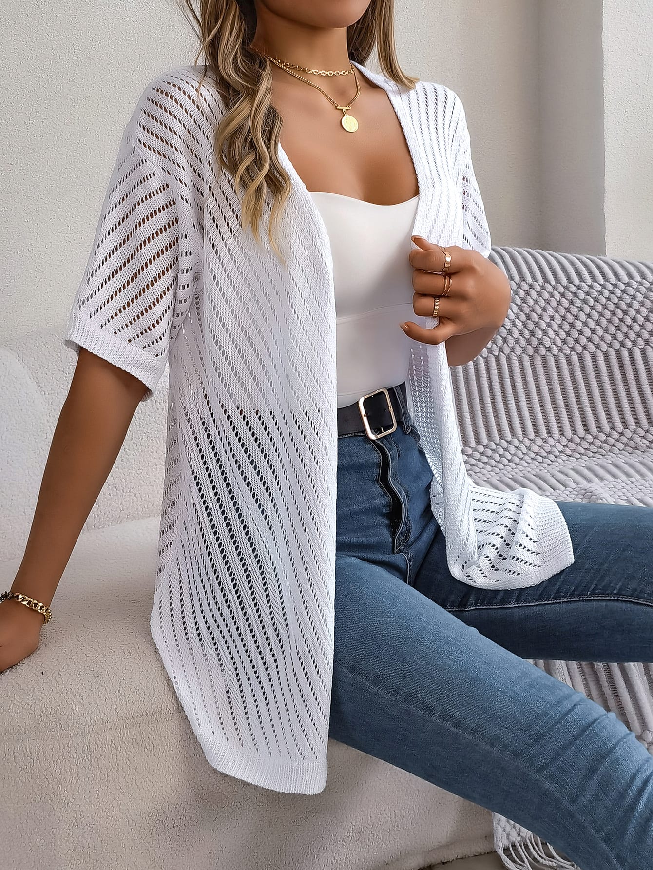 Women S Vertical Stripe Hollow Out Short Sleeve Knit Cardigan Cover-Up view 3