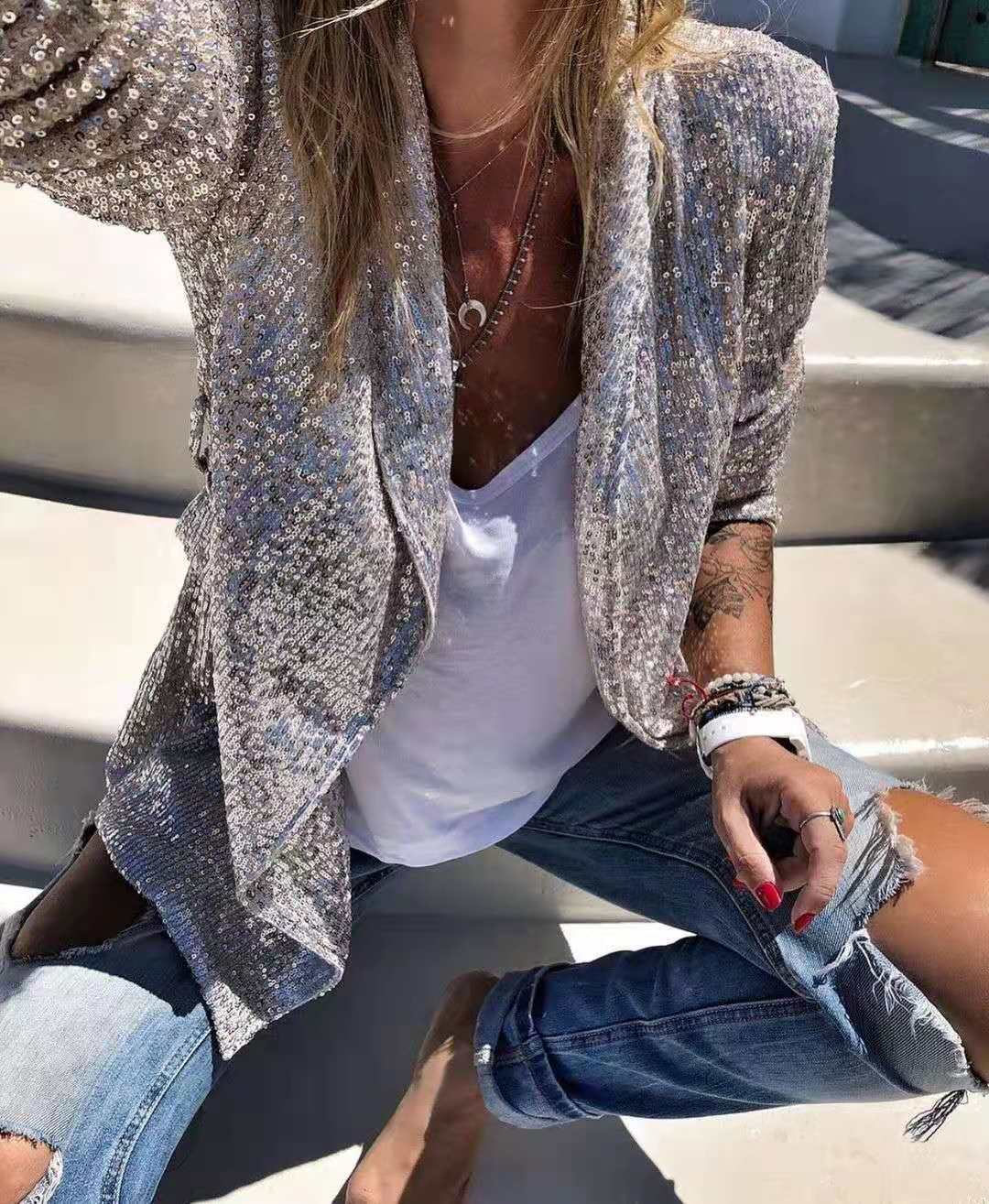 Sequined Long Sleeve Elegant Small Blazer view 14