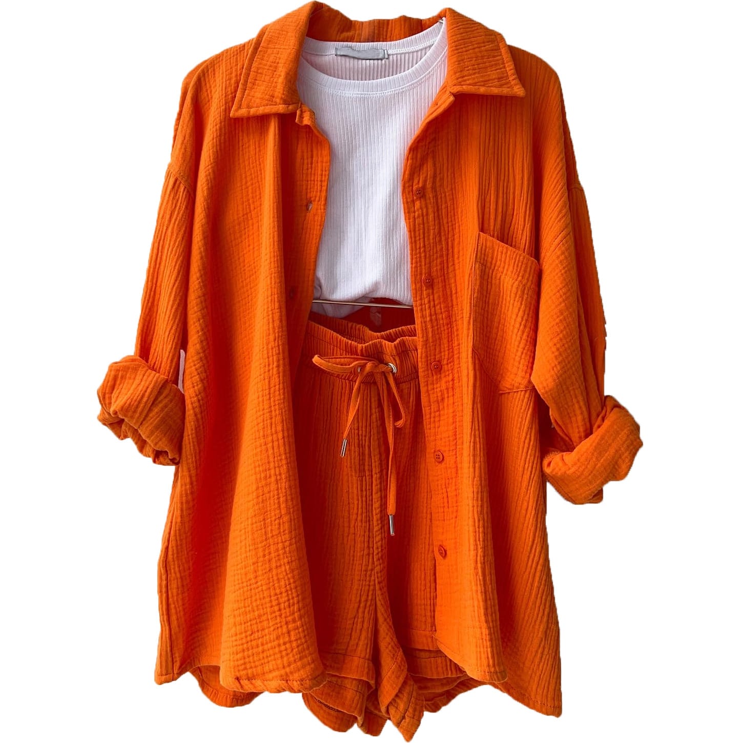 Women's Wrinkled Fabric Lapel Long Sleeved Shirt Shorts Fashion Casual Set view 17