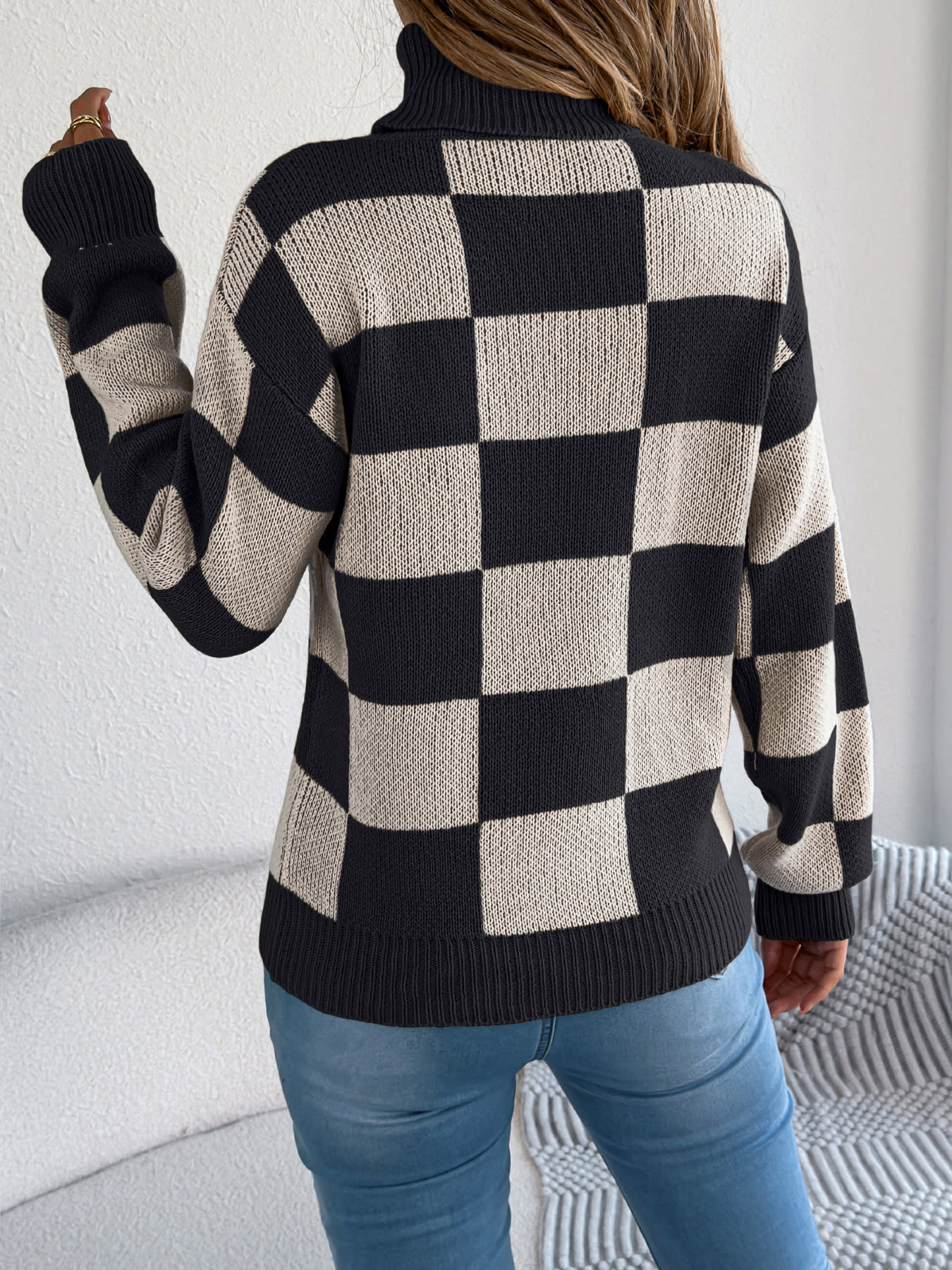 Women's High Neck Color-Blocked Plaid Lantern Sleeve Sweater view 15