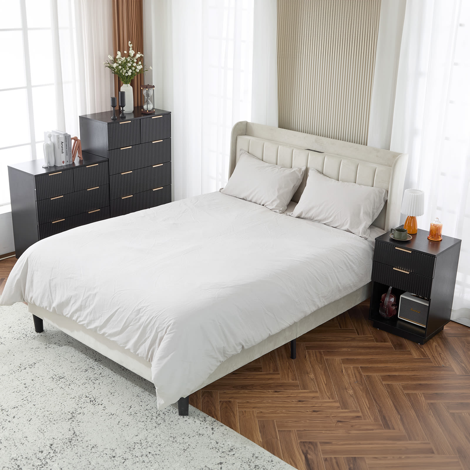 Black P2 Density Board, Wave Pattern Drawer Surface, 2 Drawer Bedside Cabinet 1pc