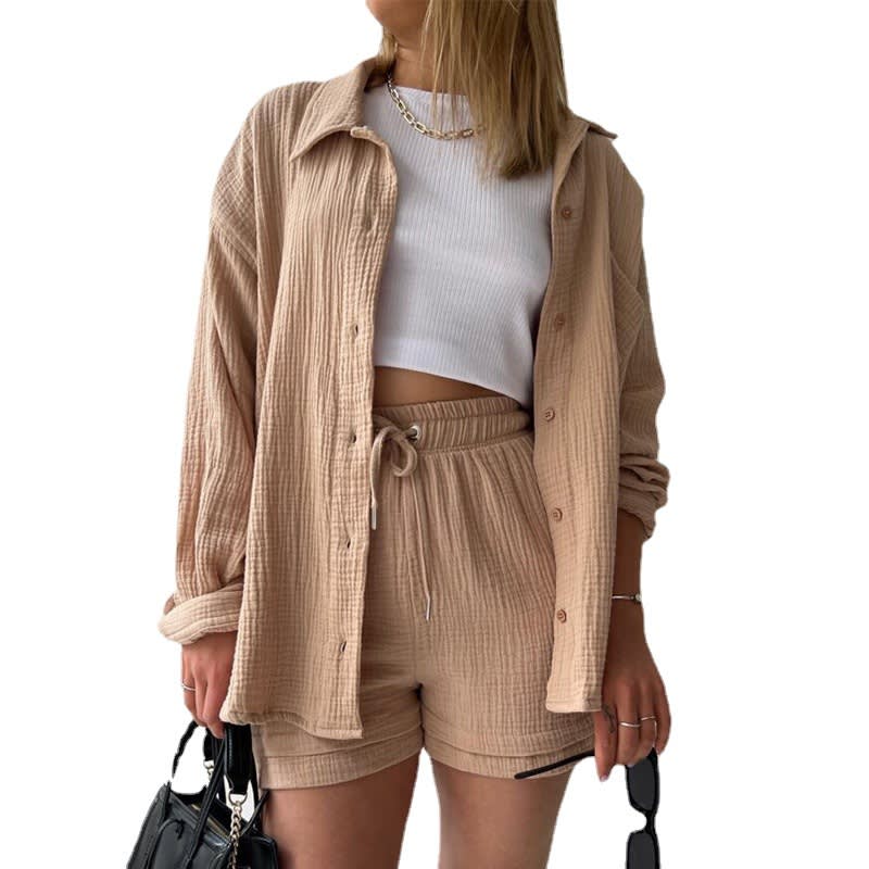 Women's Wrinkled Fabric Lapel Long Sleeved Shirt Shorts Fashion Casual Set view 14