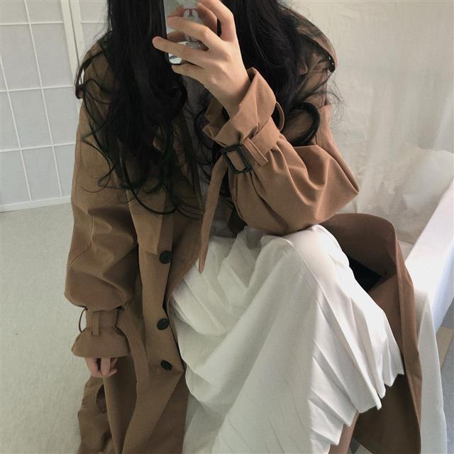 Women Black Trench Coat Mid Length Double Breasted Waist view 5