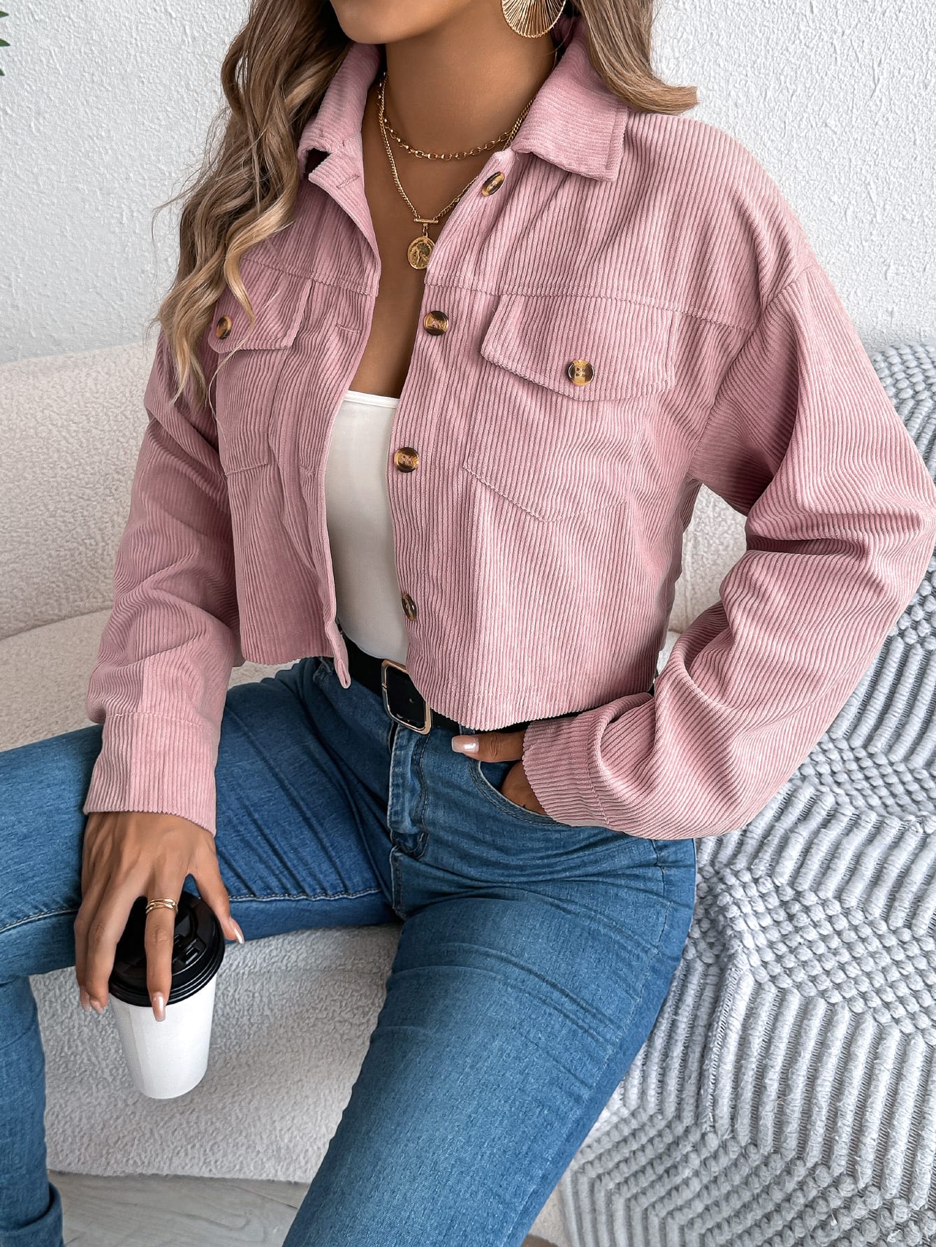 Casual Pocket Long Sleeve Corduroy Short Jacket Coat view 13