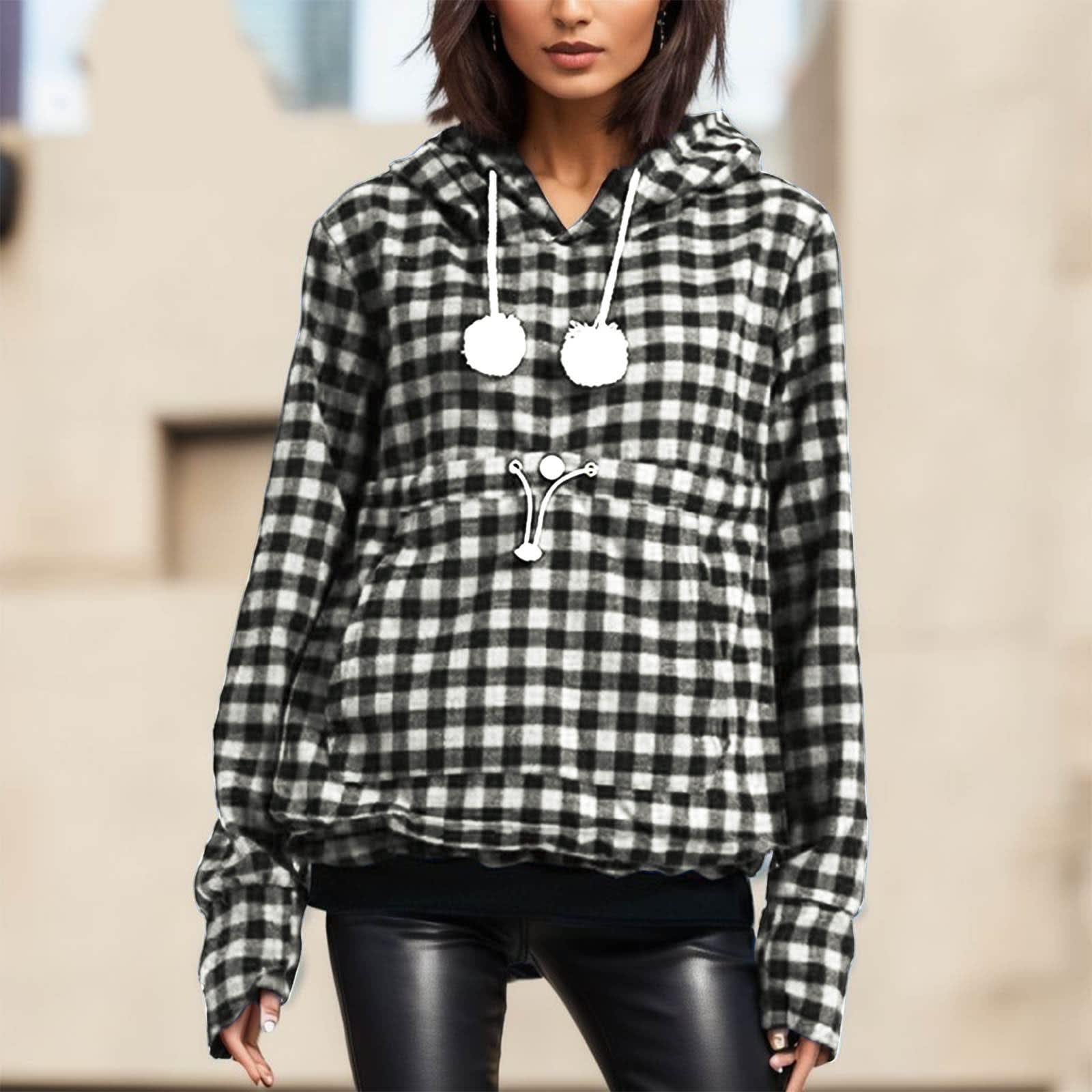 Women's Alien Cat Dogs And Cats Kangaroo Size Pocket Long Sleeve Plaid Sweater view 2