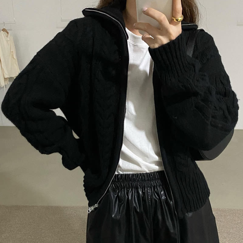 Retro Lapel Lapel Double Zipper Design Sweater view 1