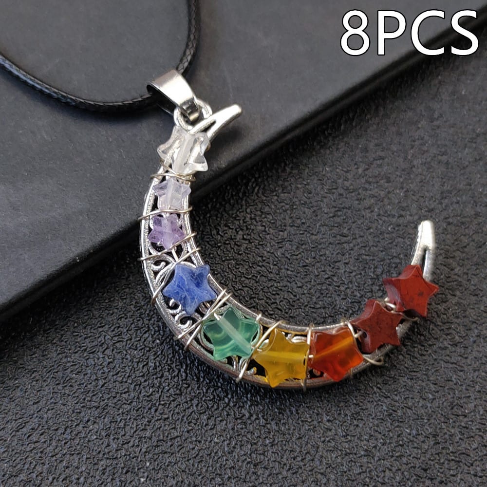 Crystal Stone Seven Chakras Moon Pentagram Necklace view 8