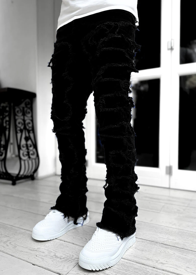 Ins Fringes Ripped Trousers Individual Patched Pants Long Tight Fit Stacked Jeans For Mens Clothing view 3