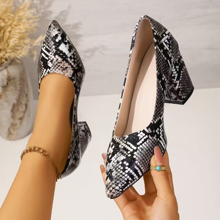 Women's Snake Print Pointed Toe Block Heel Pumps 2026 Spring Summer Elegant High Heels Versatile Office Party Shoes view 7