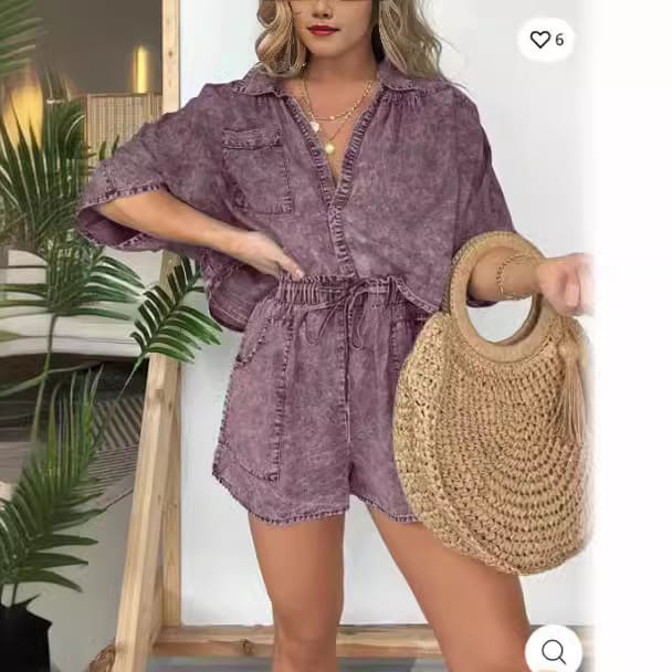 2pcs Loose Denim Suits Summer Casual Bat Sleeve Shirt And Drawstring Shorts With Pockets Women's Set view 8