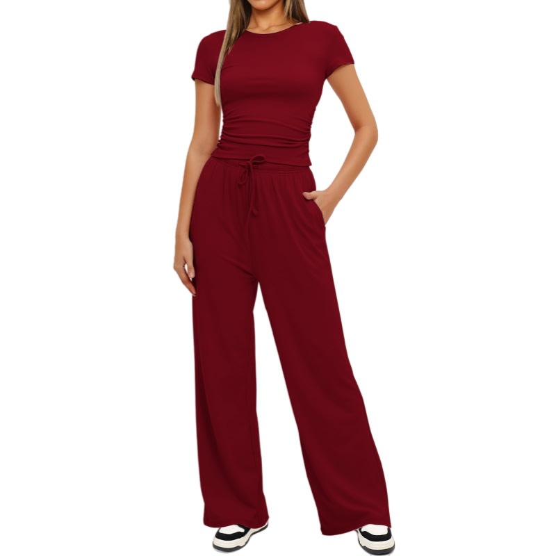 2pcs Solid Color Casual Sports Yoga Suit Short-sleeved Top And High-waisted Drawstring Wide-leg Pants Summer Fashion Set For Womens Clothing view 8