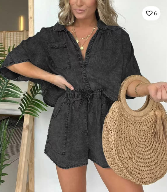 2pcs Loose Denim Suits Summer Casual Bat Sleeve Shirt And Drawstring Shorts With Pockets Women's Set view 5