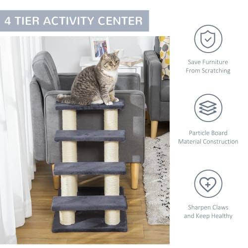 PawHut Cat Tree With 4 Steps For High Beds Couch, Cute Stair Shaped Cat Tree For Indoor Cats Or Dogs W Sisal Scratching Post, Climbing, Playing, Gray view 8