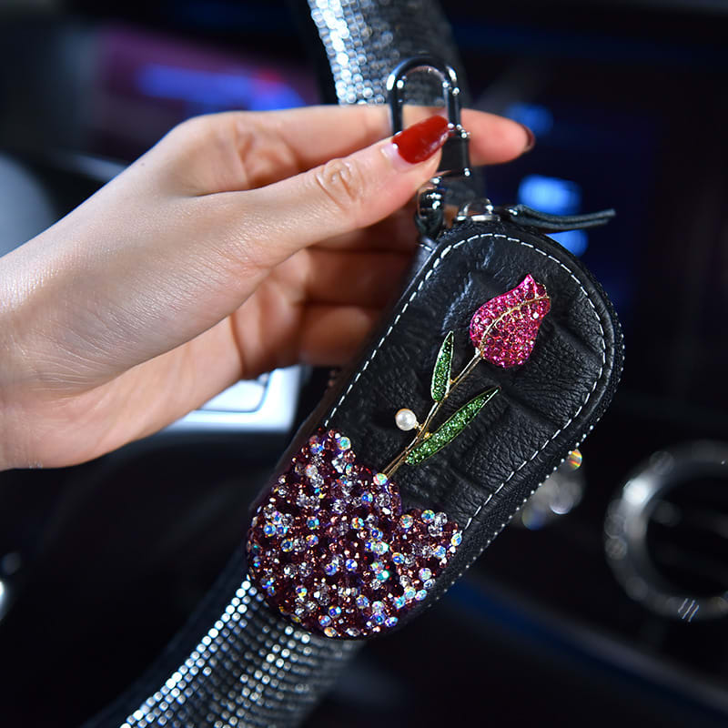 Car Key Case With Diamonds And Roses Cute Female Creative Personality Fashion Car Key Protection Cover view 2