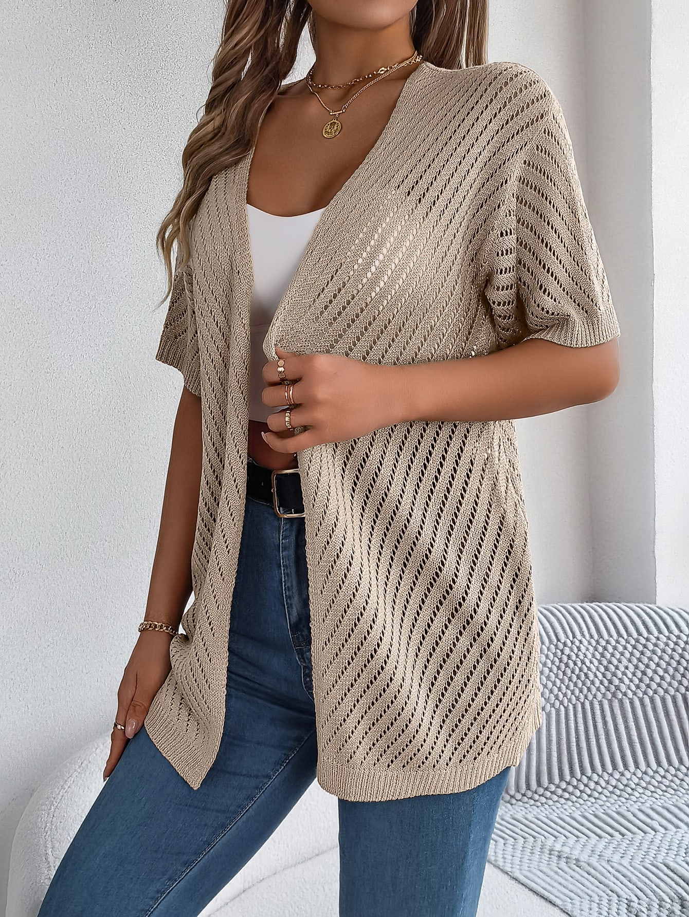 Women S Vertical Stripe Hollow Out Short Sleeve Knit Cardigan Cover-Up view 13