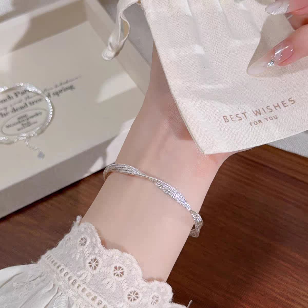 1pc 999.9 Sterling Silver Twisted Mesh Bangle, Luxurious Minimalist Style, Perfect For Daily Wear & Valentine's Gifts view 4