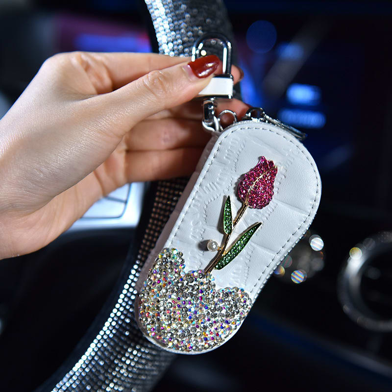 Car Key Case With Diamonds And Roses Cute Female Creative Personality Fashion Car Key Protection Cover view 3