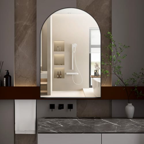 24x36 Inch Arched Recessed Medicine Cabinet, Metal Framed Bathroom Wall Cabinet With Mirror And Adjustable Shelves, Wall Mirror With Storage For Bathroom, Matte Black