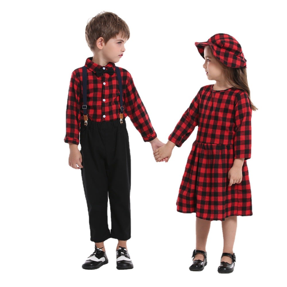 Christmas Sisters And Brothers Autumn Plaid Shirt Long Sleeve Bib Two Piece Set view 4