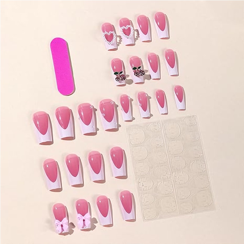 24 PCS Cherry Bow Nail Art, Long Length Long Water Pipe Fake Nails,Square Head Nail Tips False Nail view 2