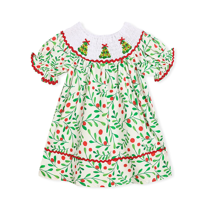 Toddler Infant Baby Girls Christmas Dress Short Sleeve Christmas Tree Embroidered Plaid Casual Party Dresses view 8